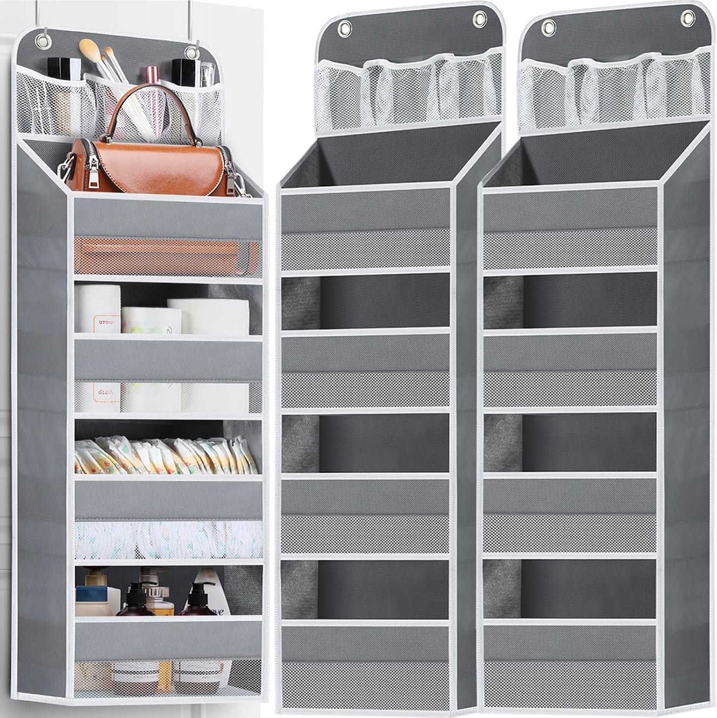2 Pack Over The Door Organizer, Hanging Storage Organization with Large Capacity Pockets, Swing-Proof Behind Door Storage Shelf for Kicthen Bedroom Nursery Kids Toys Shoes, Grey