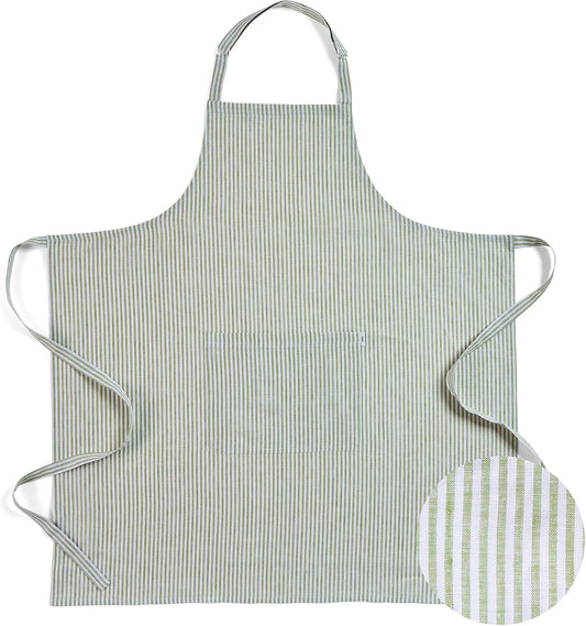 Solino Home 100% Pure Linen Apron for Women & Men - Avocado and White Stripe Full Midi Bib Apron, Adjustable Neck Strap with Center Pockets for Kitchen, Chef - Handcrafted from European Flax