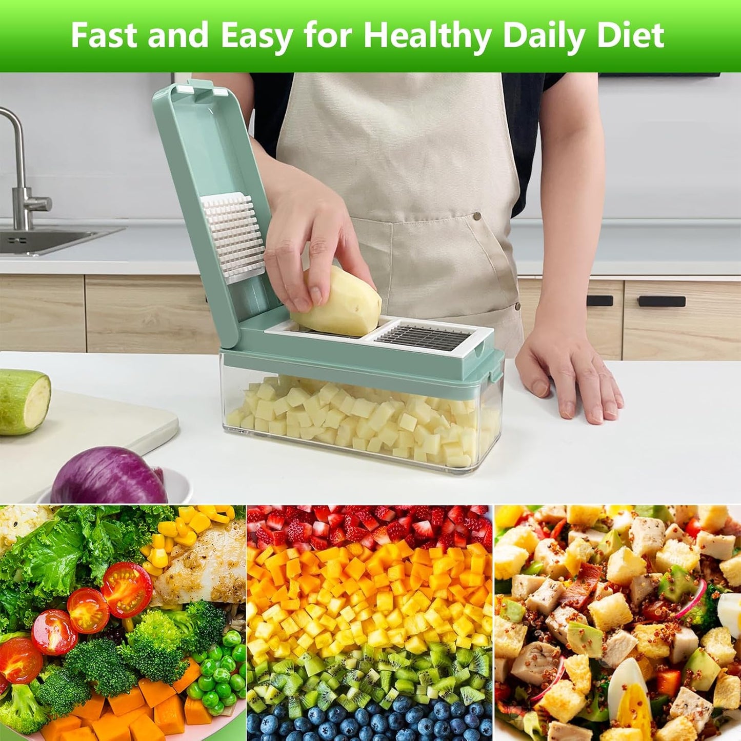 Vegetable Chopper, Onion Chopper Dicer, Mandoline Slicer, Food Chopper with Container, Vegetable Cutter for Salad Potato Carrot Garlic（10 Blades, Blue White）