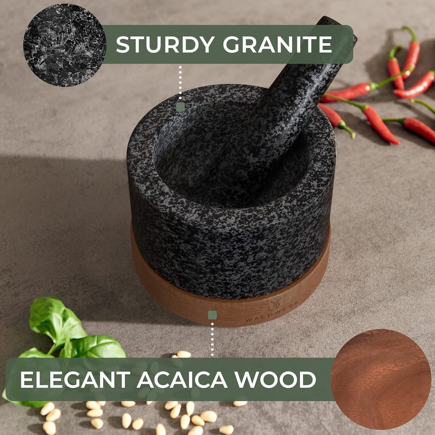 WALDWERK Mortar and Pestle - Mortar and Pestle Set with Anti-Scratch Acacia Wood Base - Mortar with Extra Large Pestle Out of Natural Granite - Large Mortar and Pestle - Perfect for Guacamole