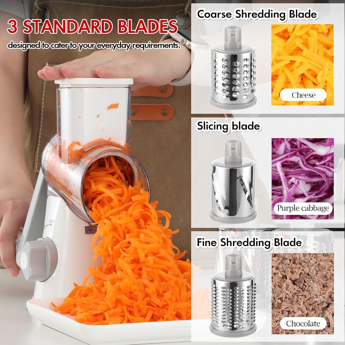 Ourokhome Rotary Cheese Grater Hand Crank, Kitchen Shredder Speed Mandolin Slicer Ice Shaver with Handle and Drum Blades for Cheese, Vegetable, Nuts, Chocolate, Potato, Carrot, 5 Blades, White