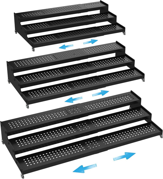 Expandable Spice Rack organizer with 3-Tier step shelf,Modern Design heavy duty,Non Skid and Visibility ,Great for Kitchen Cabinet,Bathroom,dressing table,Cupboard, Pantry and more(3PACKS/BLACK)
