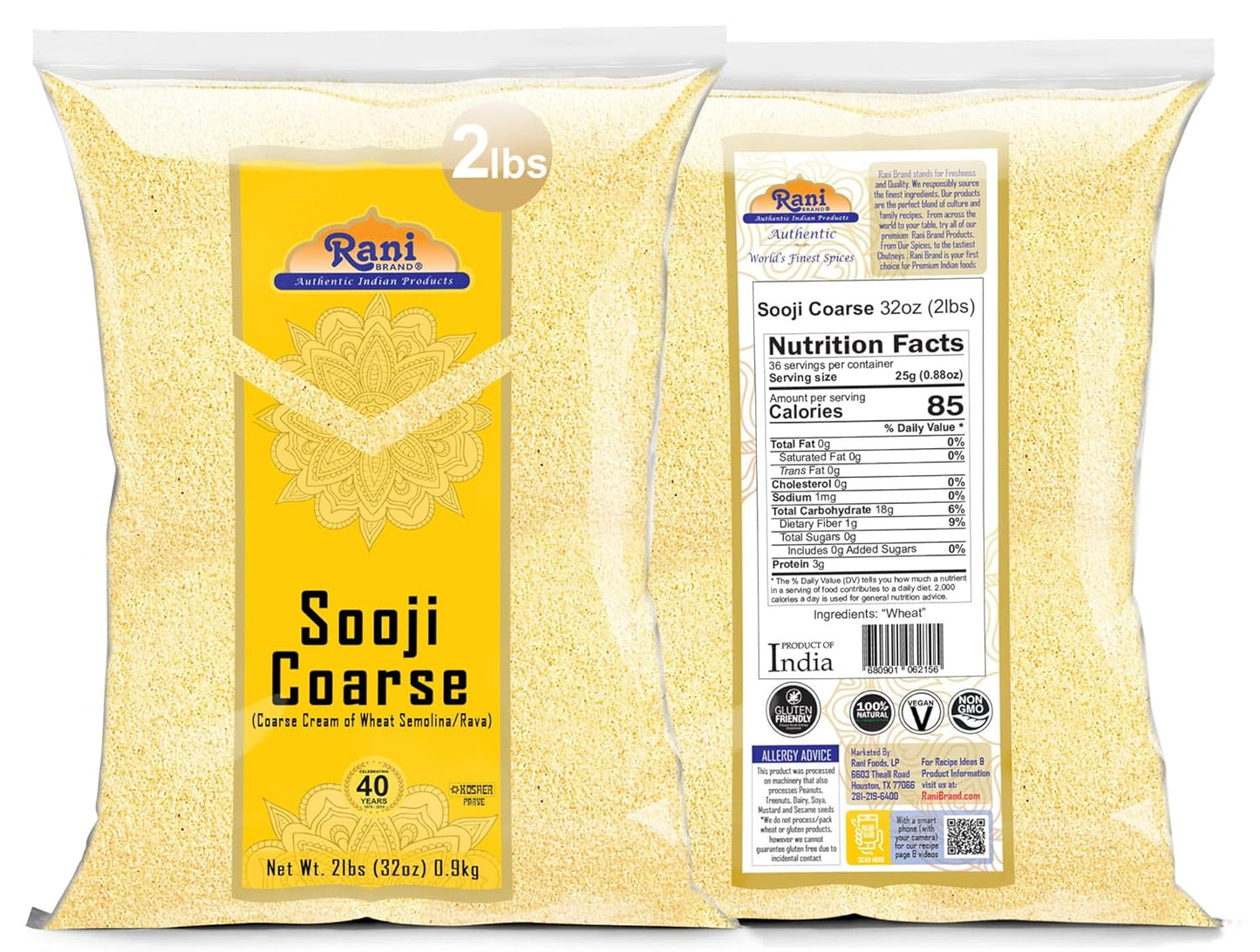 Rani Sooji Coarse (Farina, Suji, Rava, Rawa, Wheat Semolina) Flour 32oz (2lbs) 908g ~ All Natural | Vegan | NON-GMO | Kosher | Indian Origin