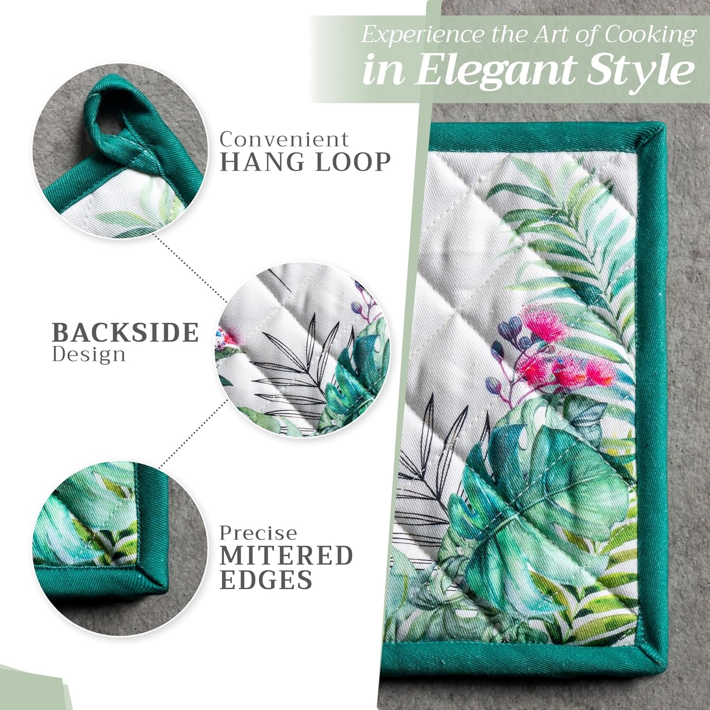 Maison d' Hermine Pot Holders Set 100% Cotton Heat Resistant Potholders 8" x 8" Hot Pads with Loop BBQ, Cooking, Baking, Grilling, Kitchen, Handling Hot Pans Spring/Summer (Pack of 2, Tropiques)