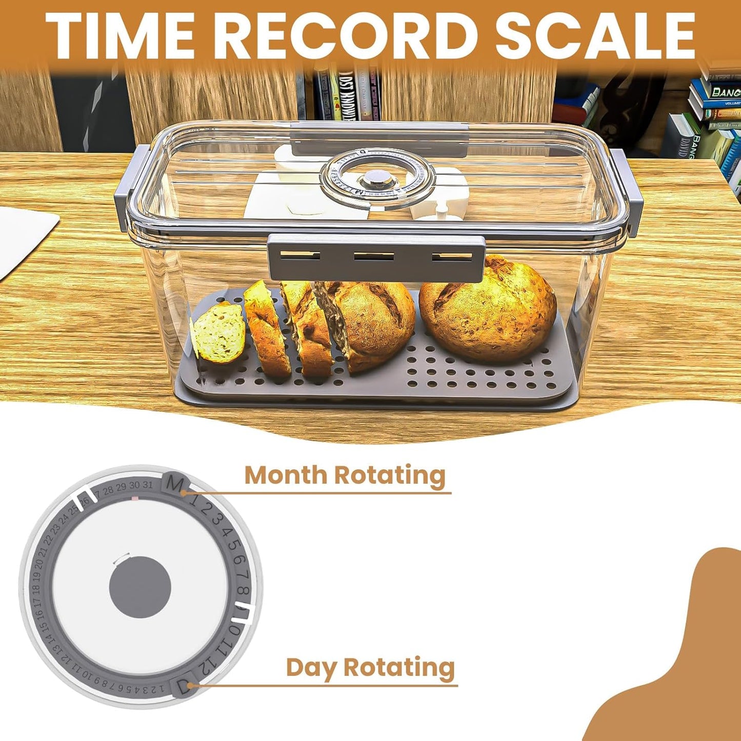 Bread Boxes for Kitchen Counter, Large Bread Box Airtight with Lid and Time Recording Function, Bread Container for Homemade Bread, Cookies, Bagel, Donut and Toast(grey)