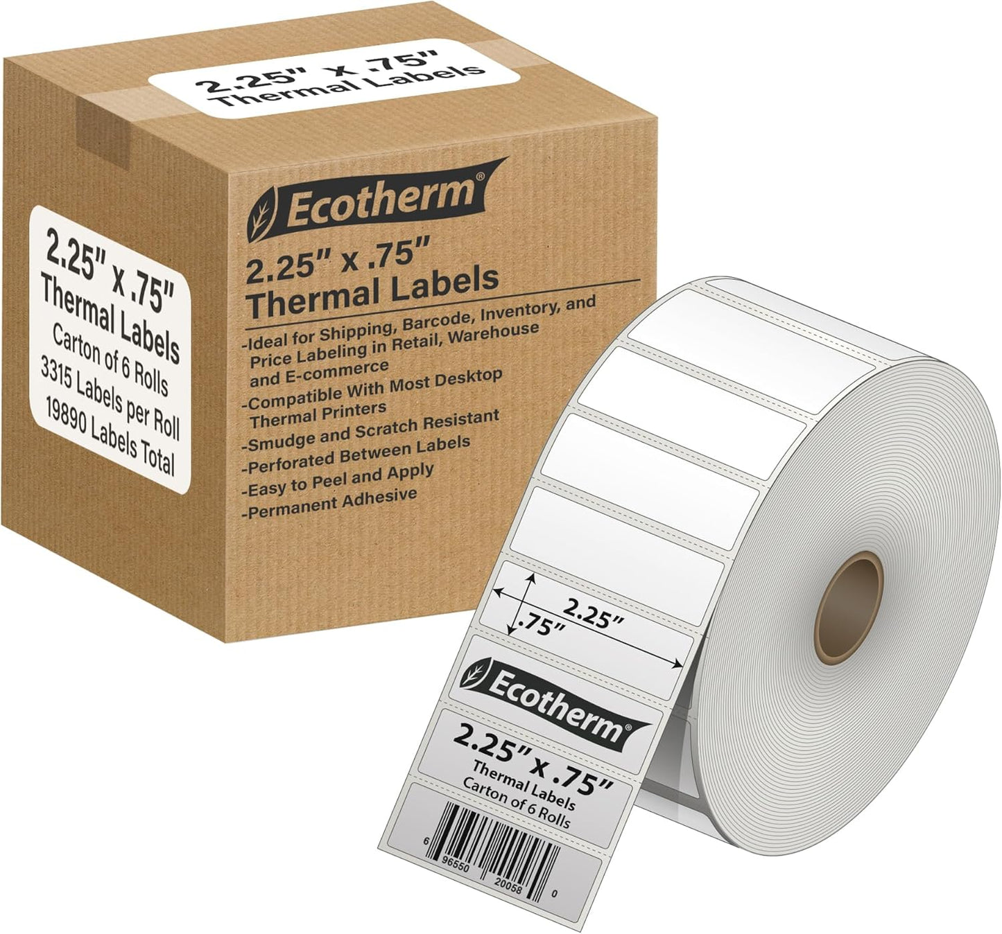 2.25" x .75" Thermal Labels | 6 Rolls | 19890 Labels | fits Zebra, Munbyn, Rollo, Godex, Arkscan, iDPRT, Offnova Thermal Label Printers and More | Blank White Adhesive Stickers by Ecotherm