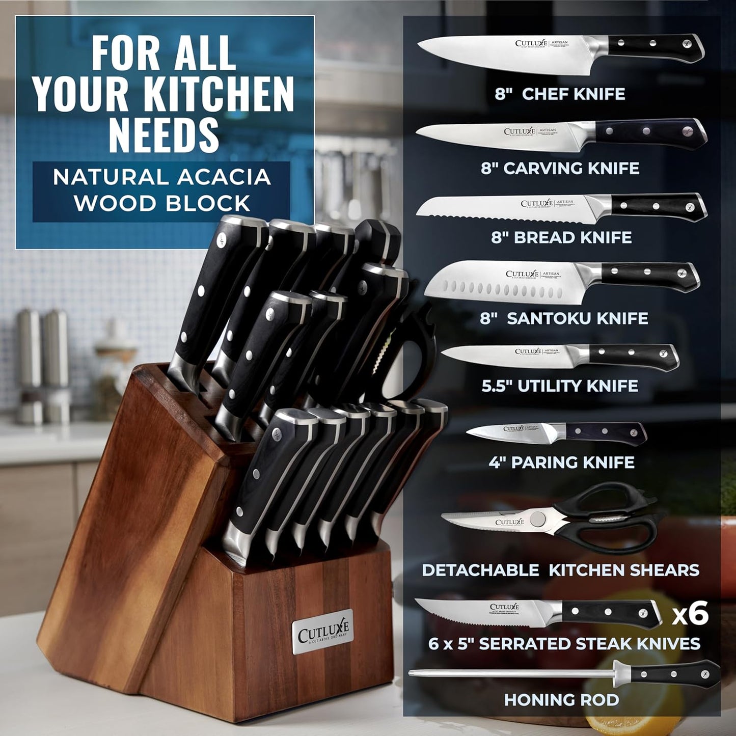 Cutluxe 15-Piece Knife Set – Premium Acacia Wood Block – Knife Set for Kitchen, Ultra Sharp High Carbon German Stainless Steel, Full Tang – Artisan Series