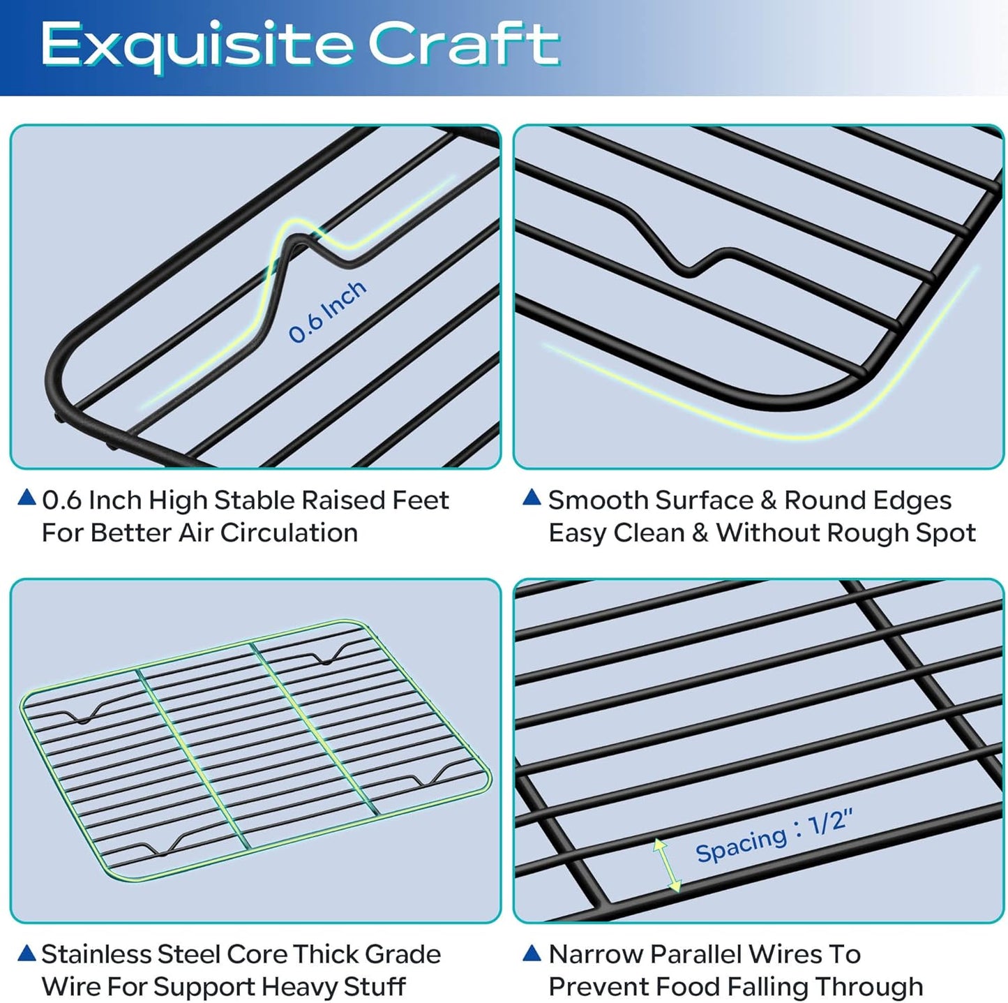 TeamFar Cooling Rack Set of 4, Stainless Steel Black Non-Stick Coated Various Size Wire Baking Roasting Rack for Baking Sheet Toaster Oven Pan, Non-Toxic & Non-Stick, Heavy Duty & Easy Clean