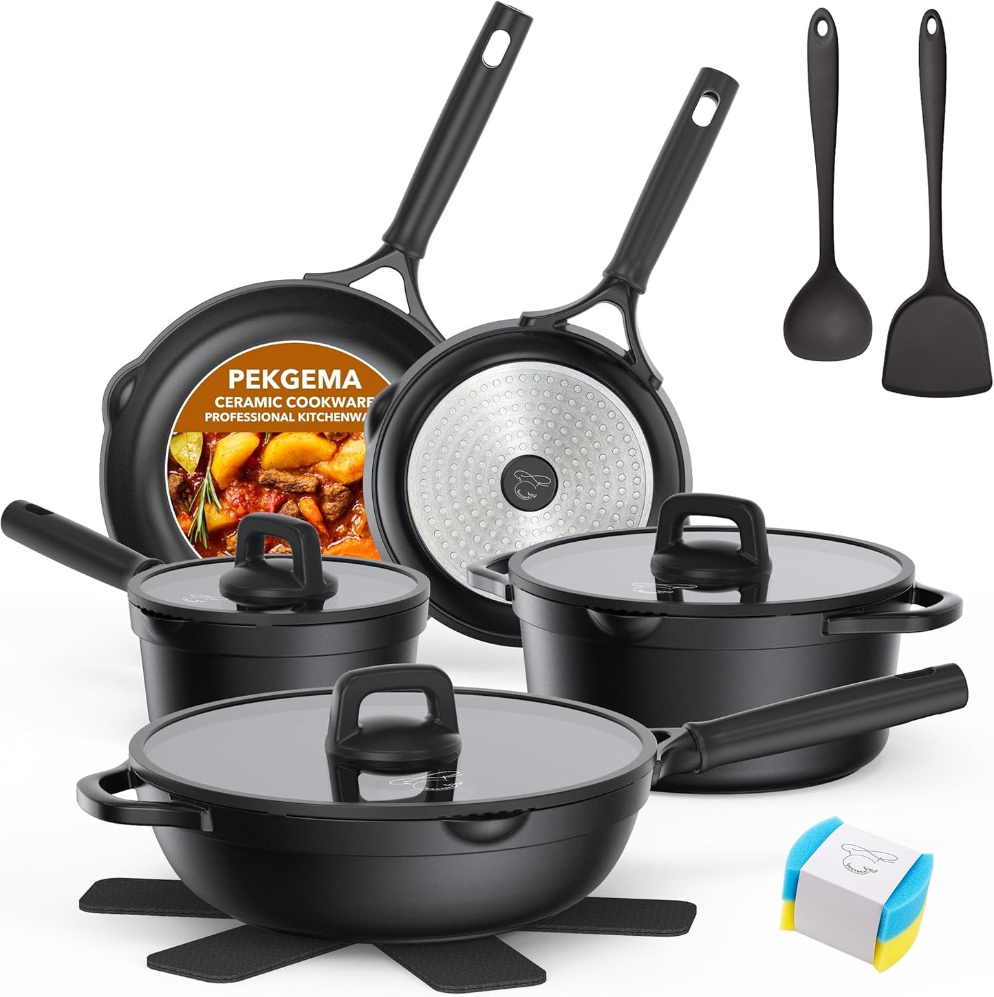 PekGema Nonstick Pots and Pans Set, Non Stick Cookware Set 14 Pcs, Induction Cooking Set with Pour Spouts and Oven Safe for Casserole, PFOA FREE, Classic Black
