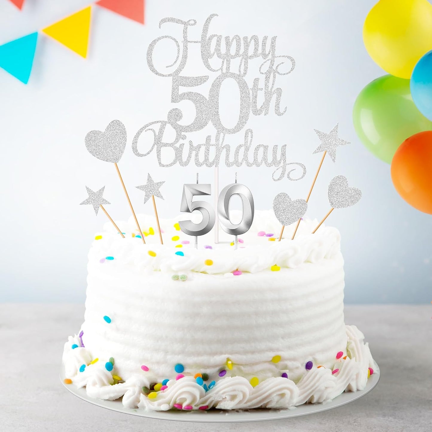 50th Birthday Cake Decorations, 50th Birthday Candles Cake Numeral Candles and Glitter Happy 50th Birthday Cake Toppers Set for Birthday Party Supplies (Silver)