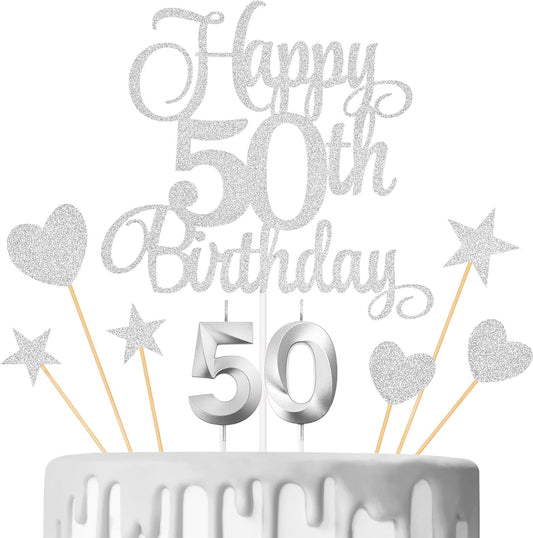 50th Birthday Cake Decorations, 50th Birthday Candles Cake Numeral Candles and Glitter Happy 50th Birthday Cake Toppers Set for Birthday Party Supplies (Silver)