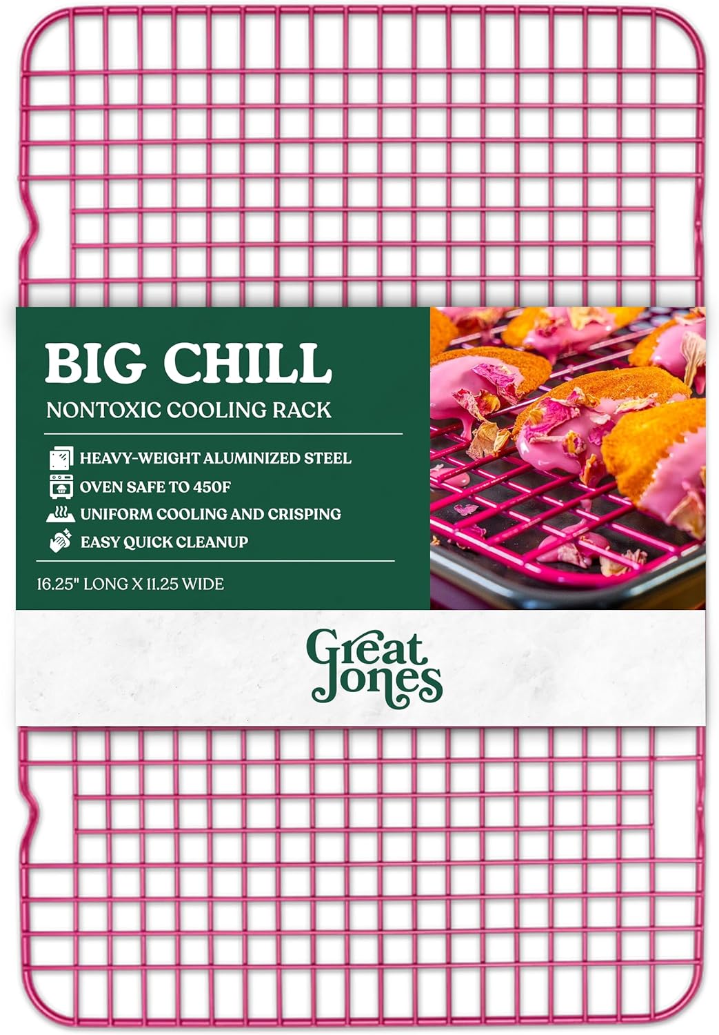 Great Jones Big Chill Wire Cooling Rack (Raspberry) – 16.9" × 11.4" Heavy-Weight Aluminized Steel,Nonstick Baking Rack – Oven Safe 450 °F, Bacon & Cookie Cooling Rack – Fits Half Sheet Pans