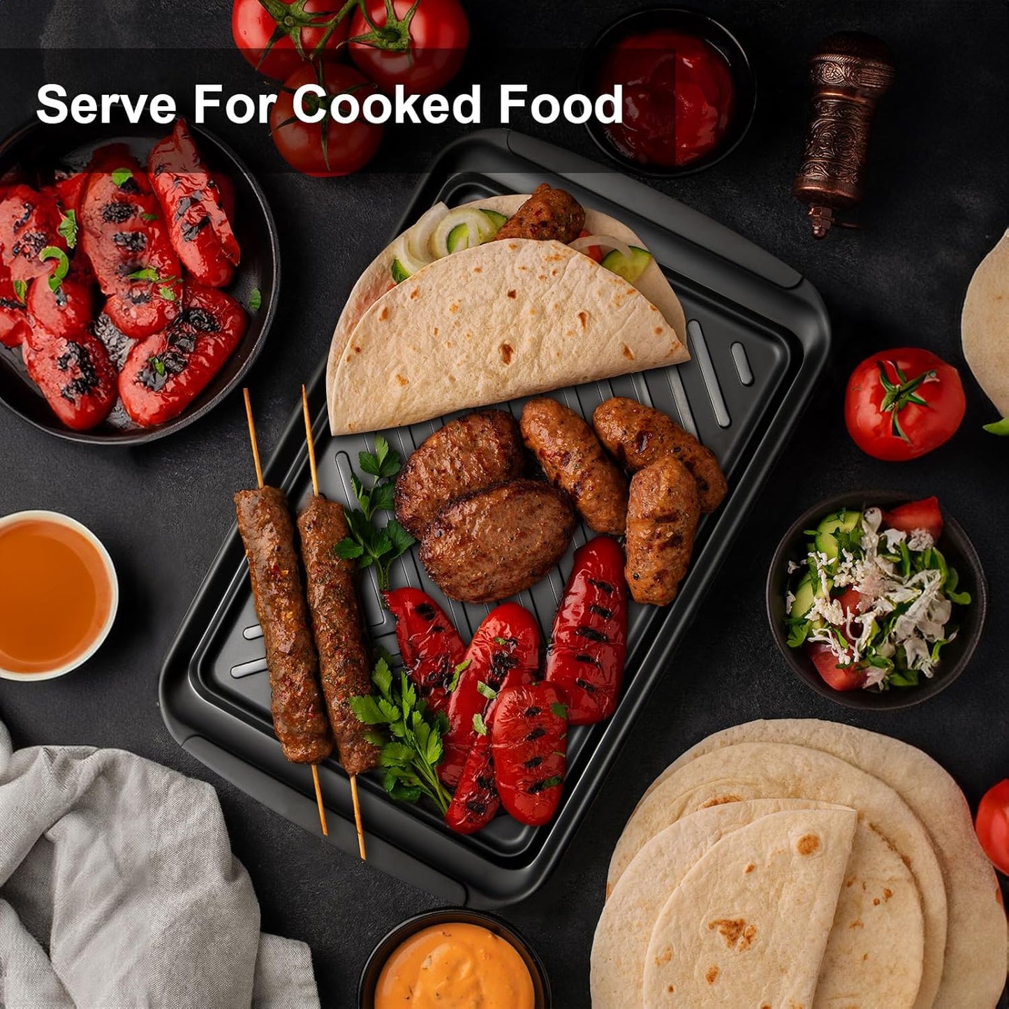 LEHAHA Grilling Prep Trays, Melamine BBQ Prep and Serving Platters and Tray for Outdoor Entertaining, Large Food Serving Trays, Set of 2, 17.2" x 10.5",Great for Grilling Lovers,Black and Red