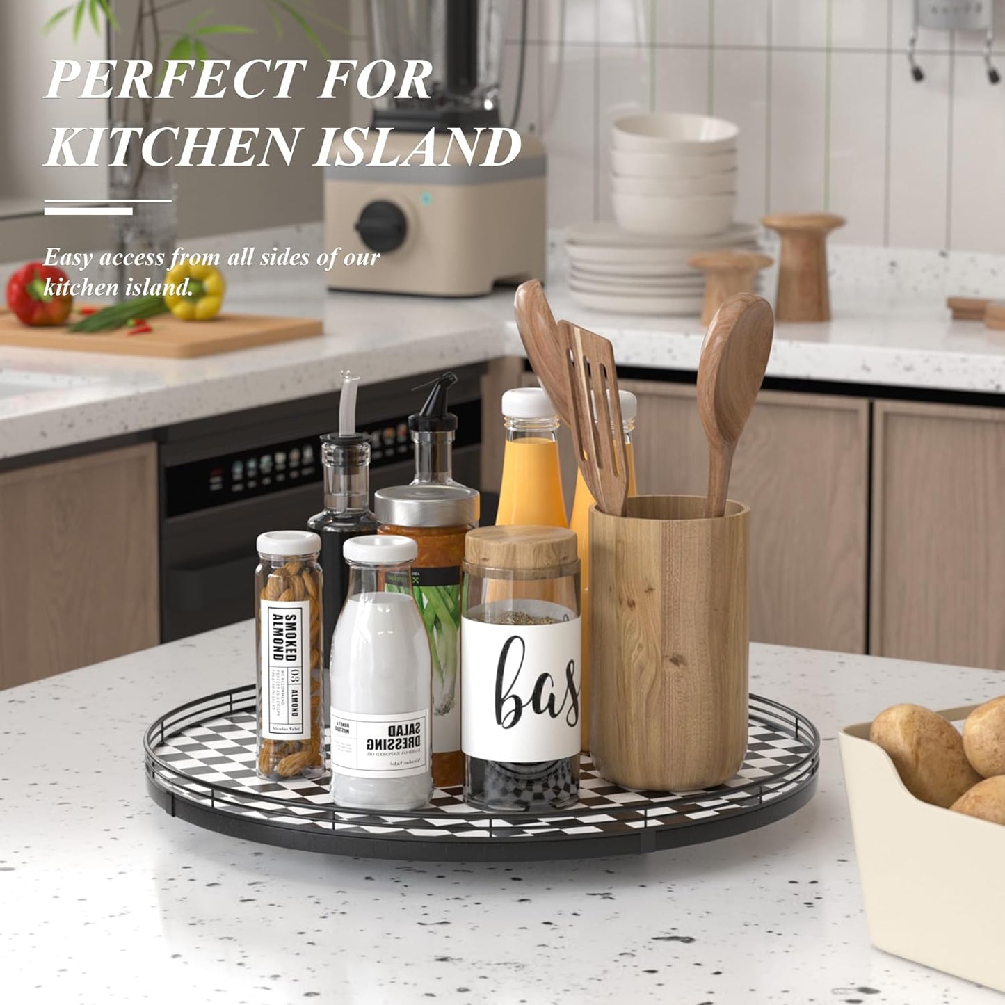 18" Black and White Kitchen Lazy Susan Turntable, Round Checkered Decorative Tray, Large Lazy Susan for Dining Table Centerpiece, Pantry, Kitchen, Bathroom, Countertop, Cupboard, Home Decor