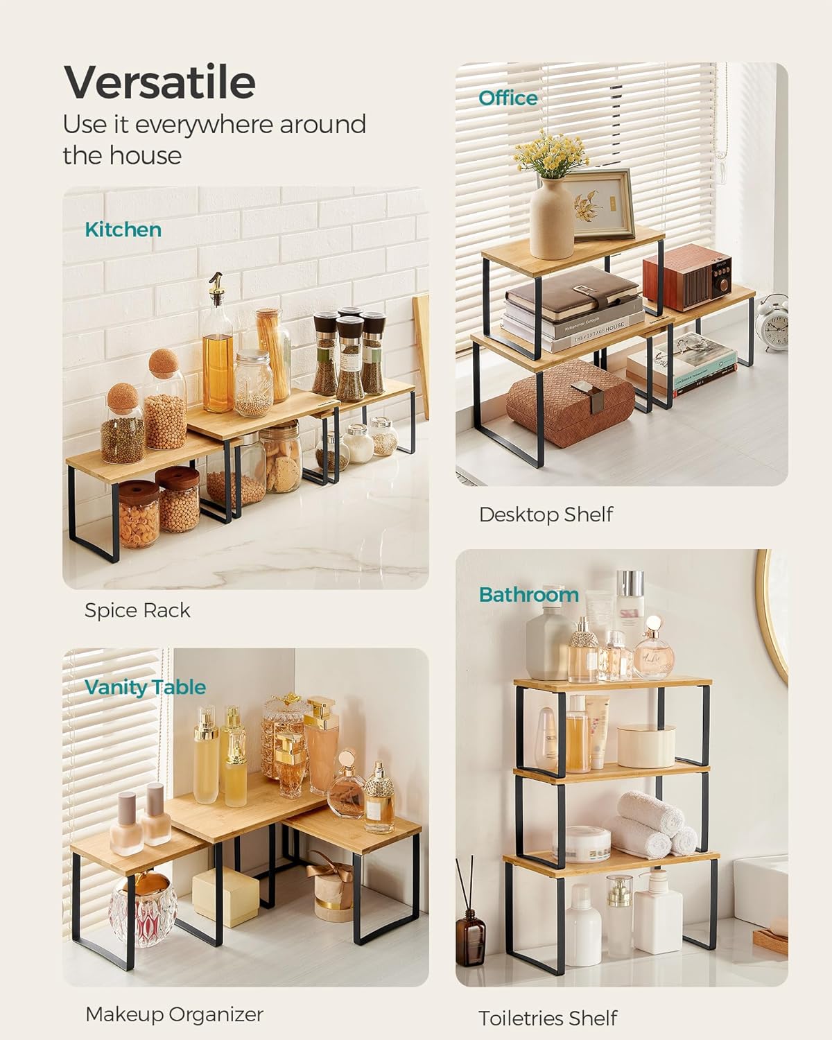 SONGMICS Cabinet Organizer Shelf, Set of 3 Kitchen Counter Shelves, Kitchen Storage, Spice Rack, Stackable, Expandable, Ink Black and Natural Beige UKCS014B01