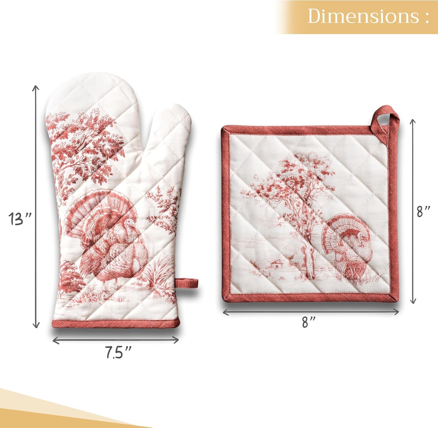 Maison d' Hermine 100% Cotton Oven Mitt & Pot Holder Set (7.5"x13" & 8"x8") Heat Resistant BBQ Cooking Gloves with Loop, Baking, Grilling, Kitchen, Handling Hot Pans (Holy Jouy - Red)