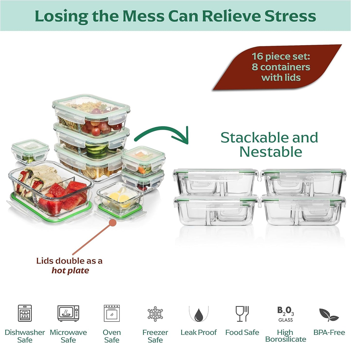 Fusion Gourmet Glass Meal Prep Containers with Lids [8 Pack, 33 oz & 4.5 oz] - 2 Compartment Divided Glass Bento Boxes for Adults, Oven Safe & Airtight