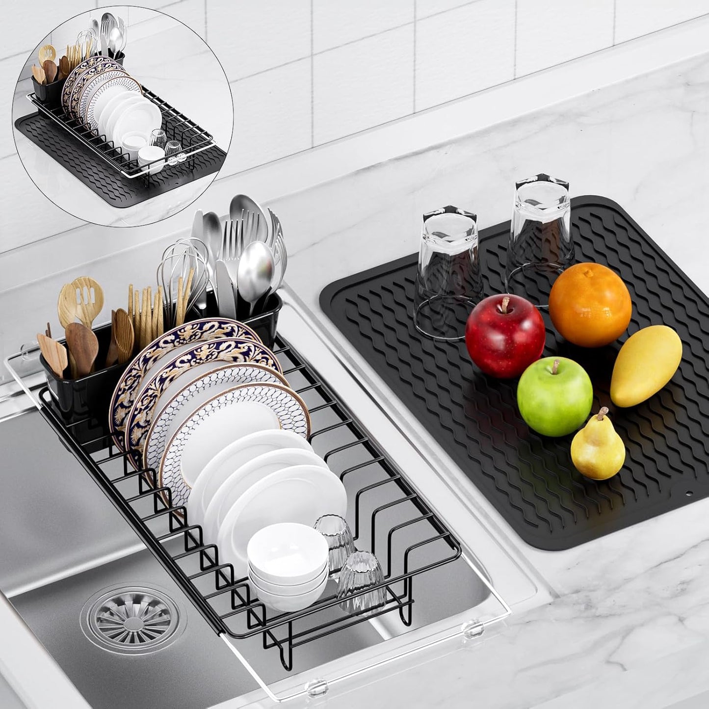 Stainless Steel Expandable Dish Drying Rack with Silicone Drying Mat and Removable Cutlery Holder for 14''-19'' Kitchen Sink