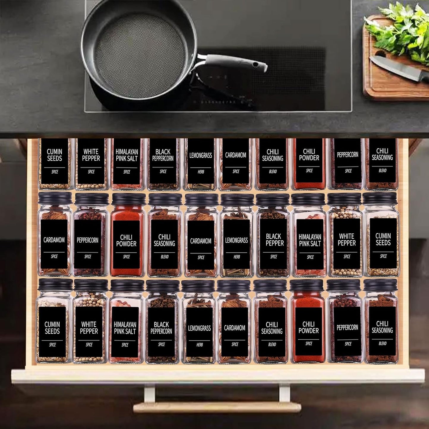 Churboro 66 Spice Jars with 547 Labels- Glass Spice Jars with Black Metal Caps, 4oz Empty Spice Containers with Shaker Lids, Funnel, Chalk Pen, Square Seasoning Bottles for Spice Rack, Drawer, Cabinet