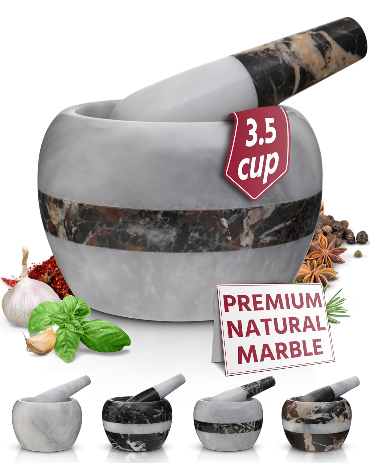 Gusto Nostro Natural Marble Mortar and Pestle Set | 6 Inch - 3.5 Cup Extra Large Mortar Pestle Set for Grinding Herbs, Nuts, Grains | Pesto Grinding and Guacamole Stone Bowl | Marble Spice Crusher