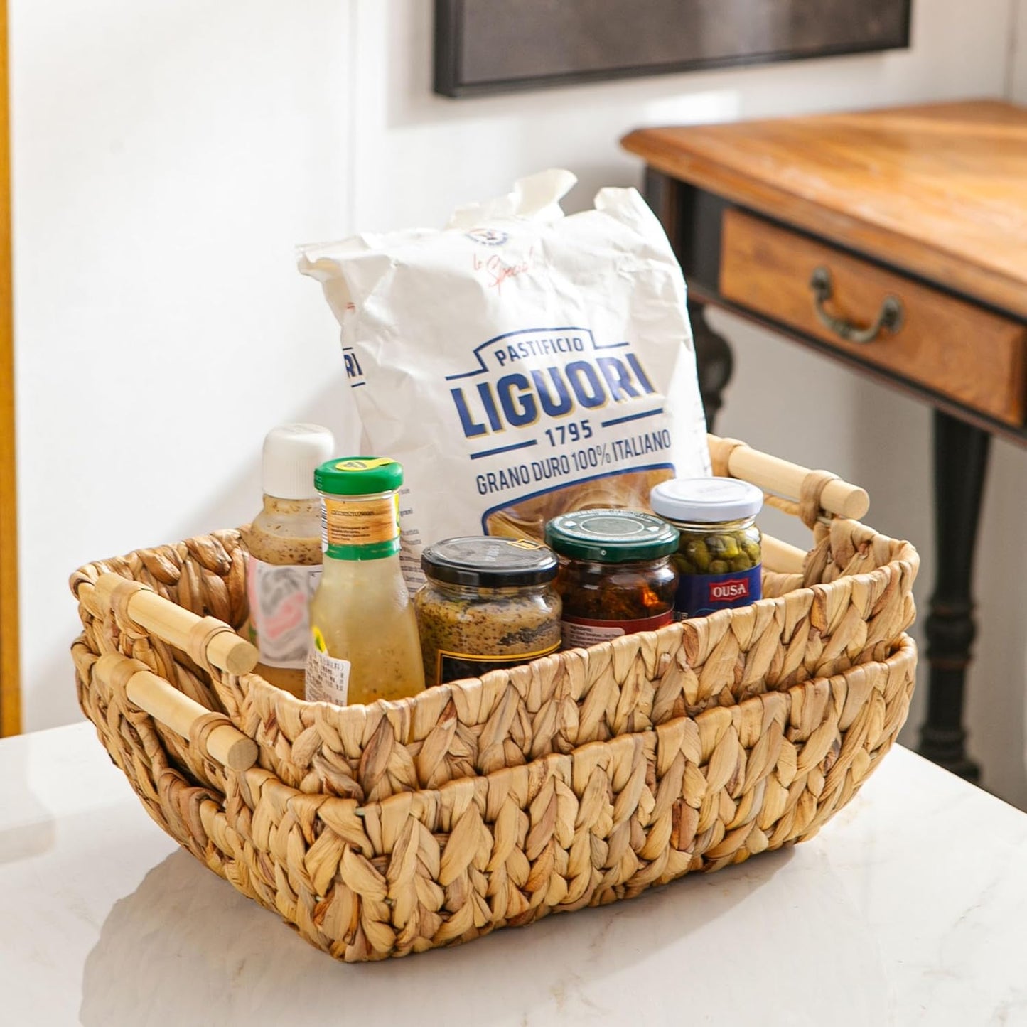 Woven Storage Baskets – Set of 2 Handwoven Water Hyacinth Wicker Baskets with Wooden Handles for Organizing, Decorative Baskets for Laundry Room, Home Decor - 2 Medium