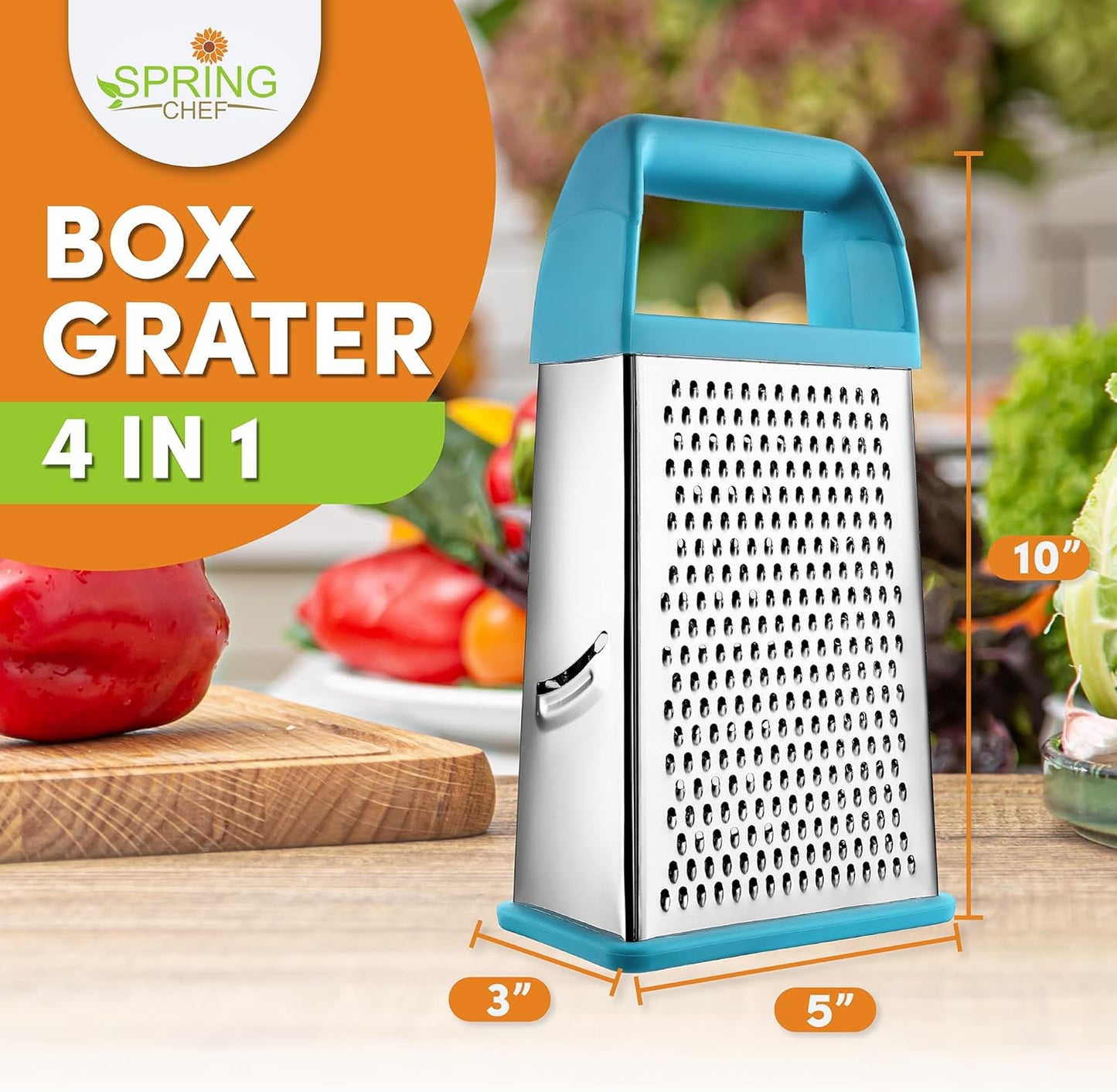 Spring Chef Professional 10" Stainless Steel Parmesan Cheese Grater with Handle, 4 Sided Handheld Box Grater, Kitchen Food Shredder for Potato, Cheese, Ginger, Veggie - Aqua Sky