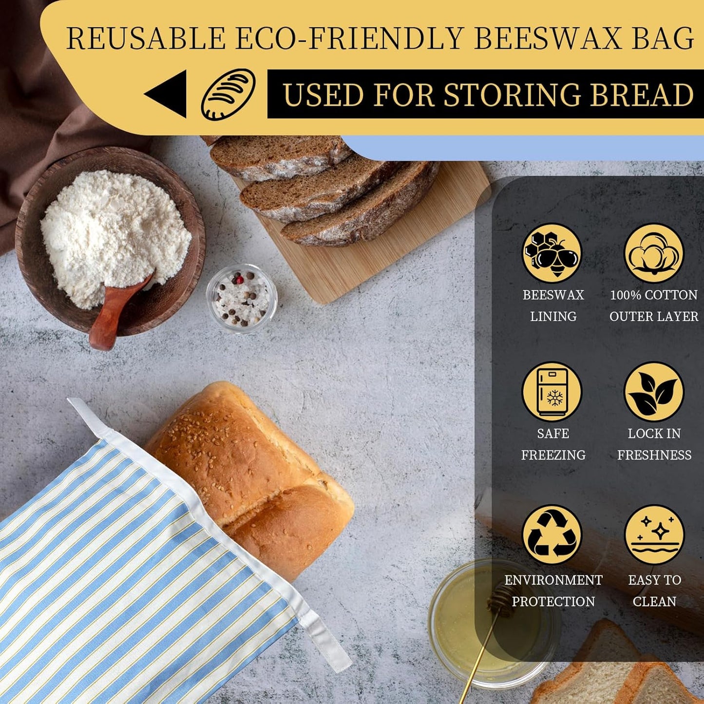 2 Pack Reusable Beeswax Bread Bags for Sourdough & Homemade Bread，bees wax bread bags for homemade bread sourdough ，Cotton Reusable Beeswax Bread Storage Bag, Keep Fresh and Portable