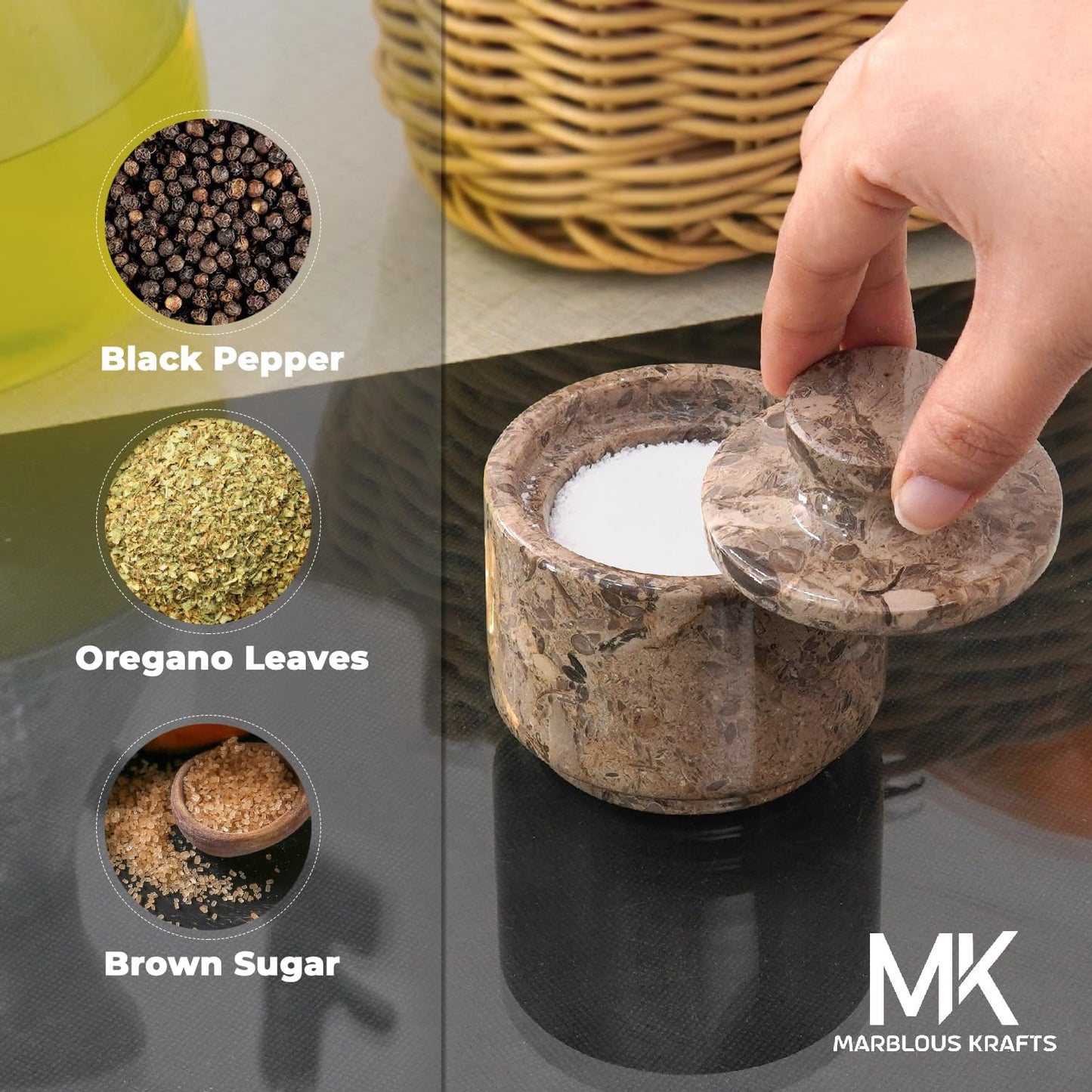 MARBLOUS KRAFTS Marble Salt Cellar with Lid 3" Inch Oceanic Salt Box, Seasoning Container & Spice Jars, Stone Salt Holder for Counter, Spice Jar