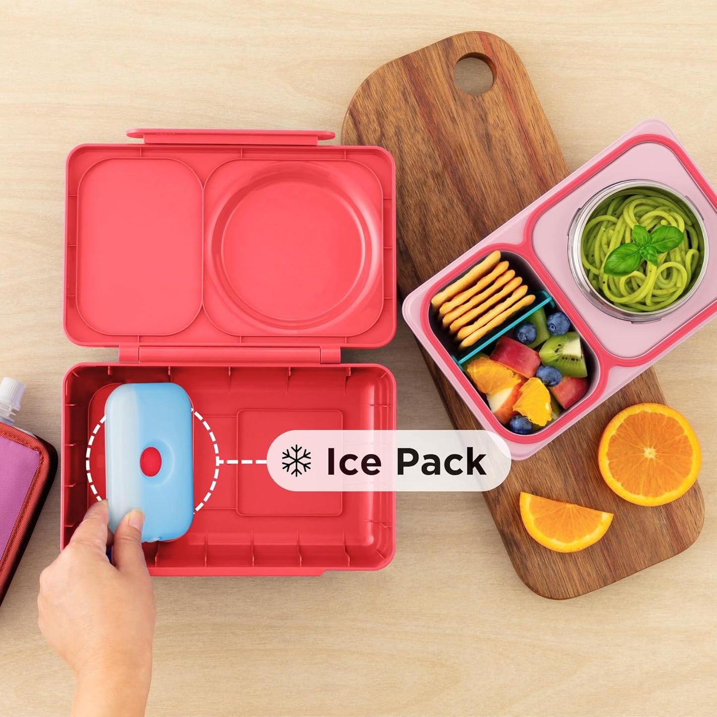 Omie OmieBox UP bento Box for Kids | Insulated Lunch Box | Leak Proof Vacuum Insulated Thermal Food jar | Cooler ice Pack | 2 Compartments (Cherry Pink)