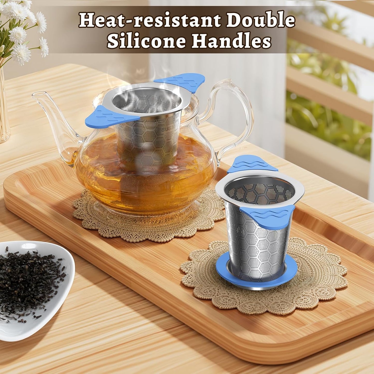 Tea Infuser for Loose Leaf Tea,18/8 Stainless Steel Tea Infuser with Heat Proof Silicone Handles,Extra Fine Mesh Tea Strainers Filter Fine Tea Leaves Effectively,Fits TeaPots/Mugs -Blue