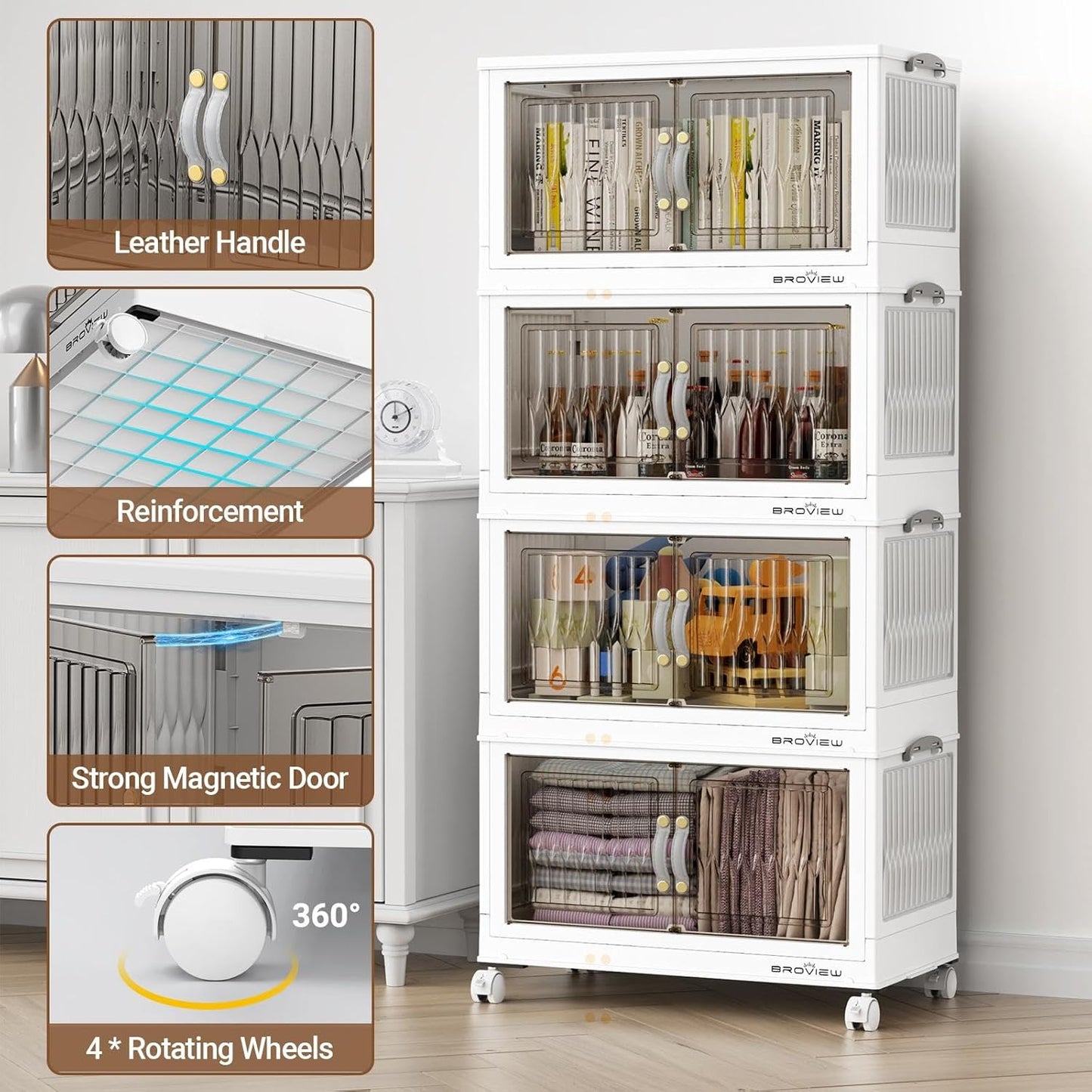 240Qt Stackable Storage Bins with Lid, Extra Large Closet Organizer Collapsible Drawer Boxes with Wheels, Folding Plastic Cabinet Containers for Home Kitchen Room Organization, 4Pack White