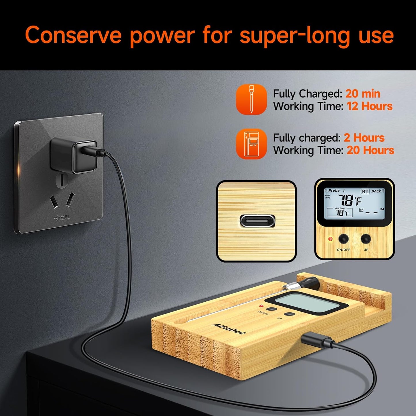 AlfaBot Wireless Meat Thermometer with 2 Meat Probes, 520 FT Bluetooth Meat Thermometer with Digital Food Thermometer for Remote Monitoring of BBQ Grill, Oven