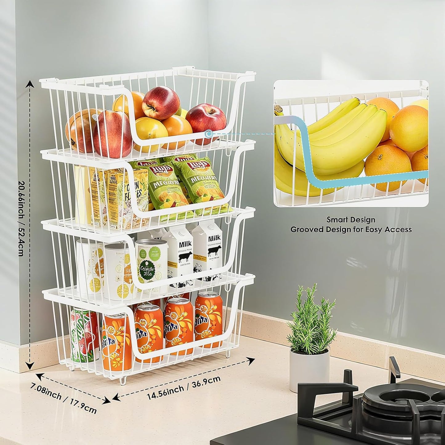 4 Pcs Stackable Wire Baskets for Pantry Organizers and Storage,Vegetable Fruit Basket for Countertop,Kitchen Storage Metal Baskets,Produce Potato Onion Storage Bin,White