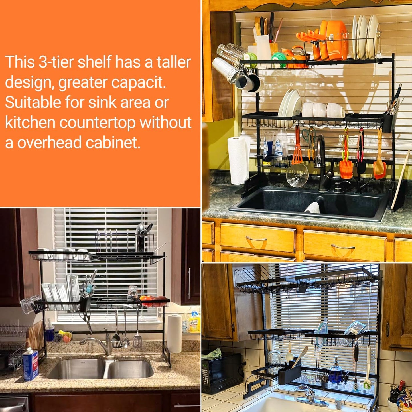 ADBIU Over Sink Dish Drying Rack (Expandable Height/Length) Snap-On Design Large Dish Drainer Storage Counter Organizer 32-40L x 12W x 34-38H (inches)