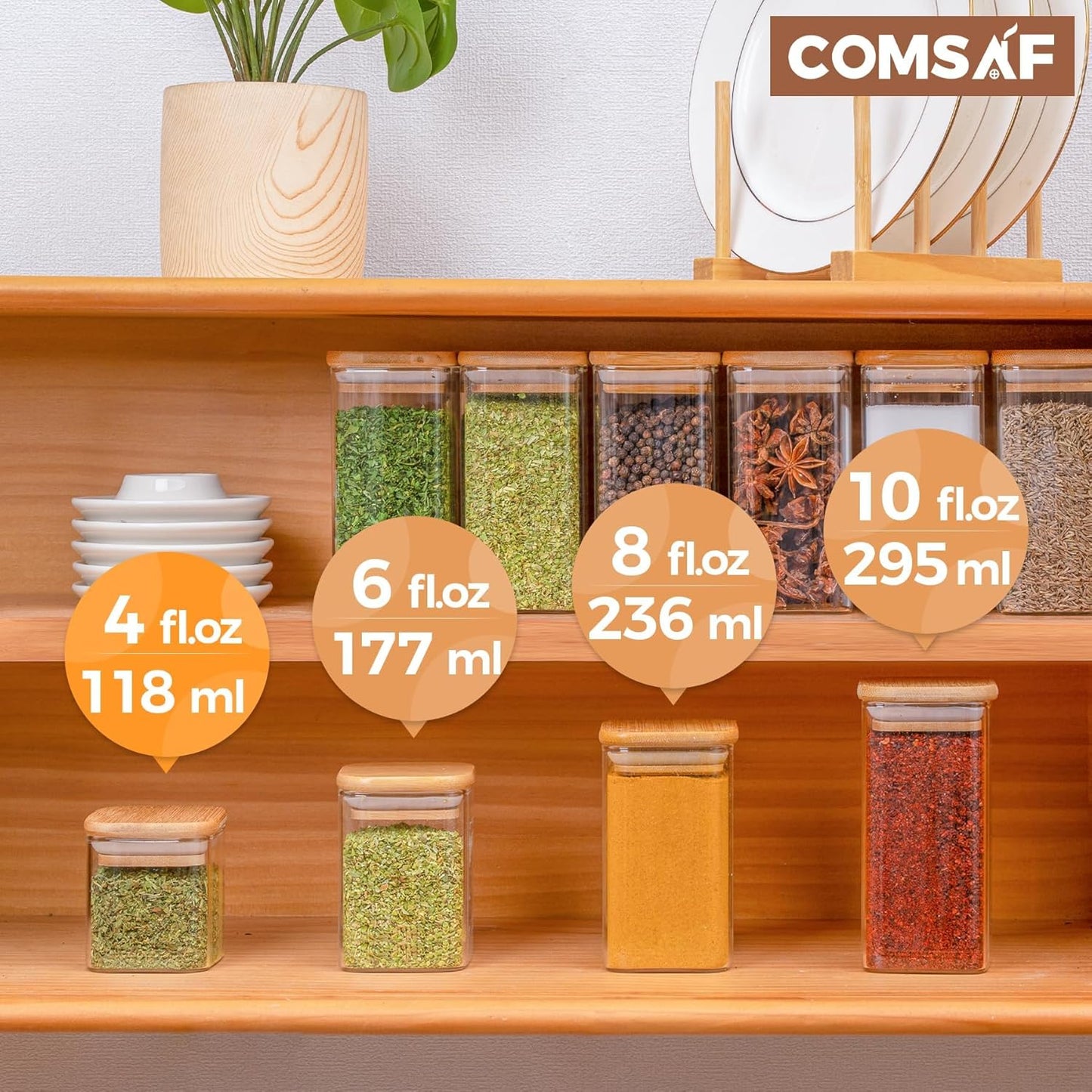 ComSaf 12Pcs Glass Spice Jars with Bamboo Lid, 4oz Airtight Square Spice Containers with 275 Black Lables, Empty Seasoning Jars for Spice Salt Sugar