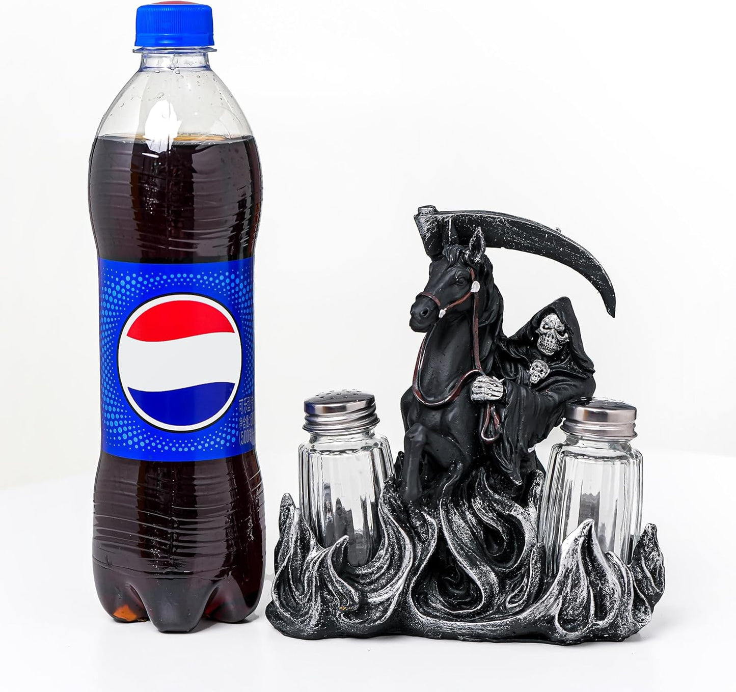 Black Holy Death Statue Shaker Holder - Salt And Pepper Dispenser with Resin Grim Reaper Figurines And Collectibles Holder - Farmhouse Kitchen DéCor with Glass Spice Jars