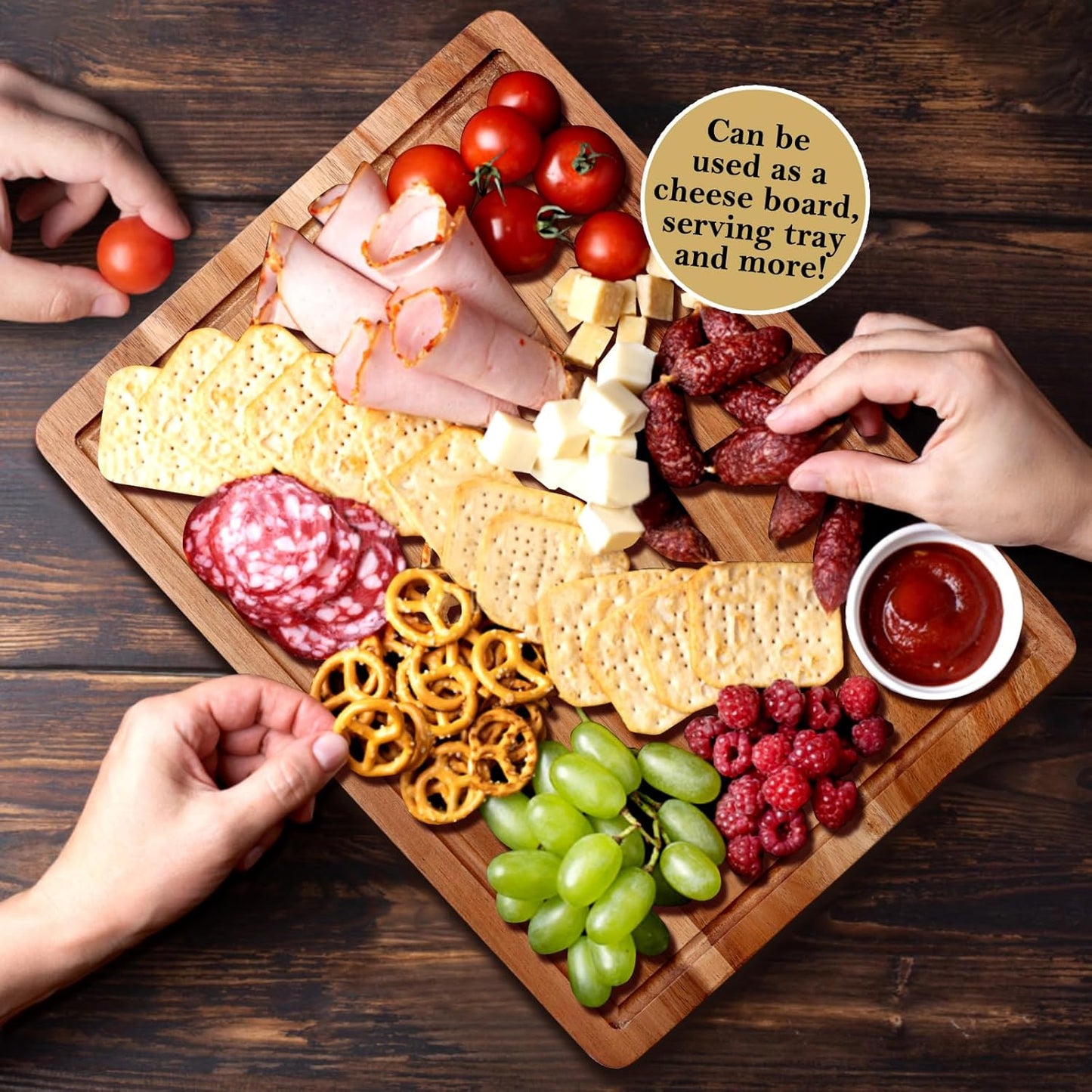 Acacia Wood Cutting Boards for Kitchen, Wooden Chopping Board with Side Handle and Juice Groove, 15" X 11" Carving Board, Butcher Block, Cheese Charcuterie Boards for Meat, Fruit, Steak