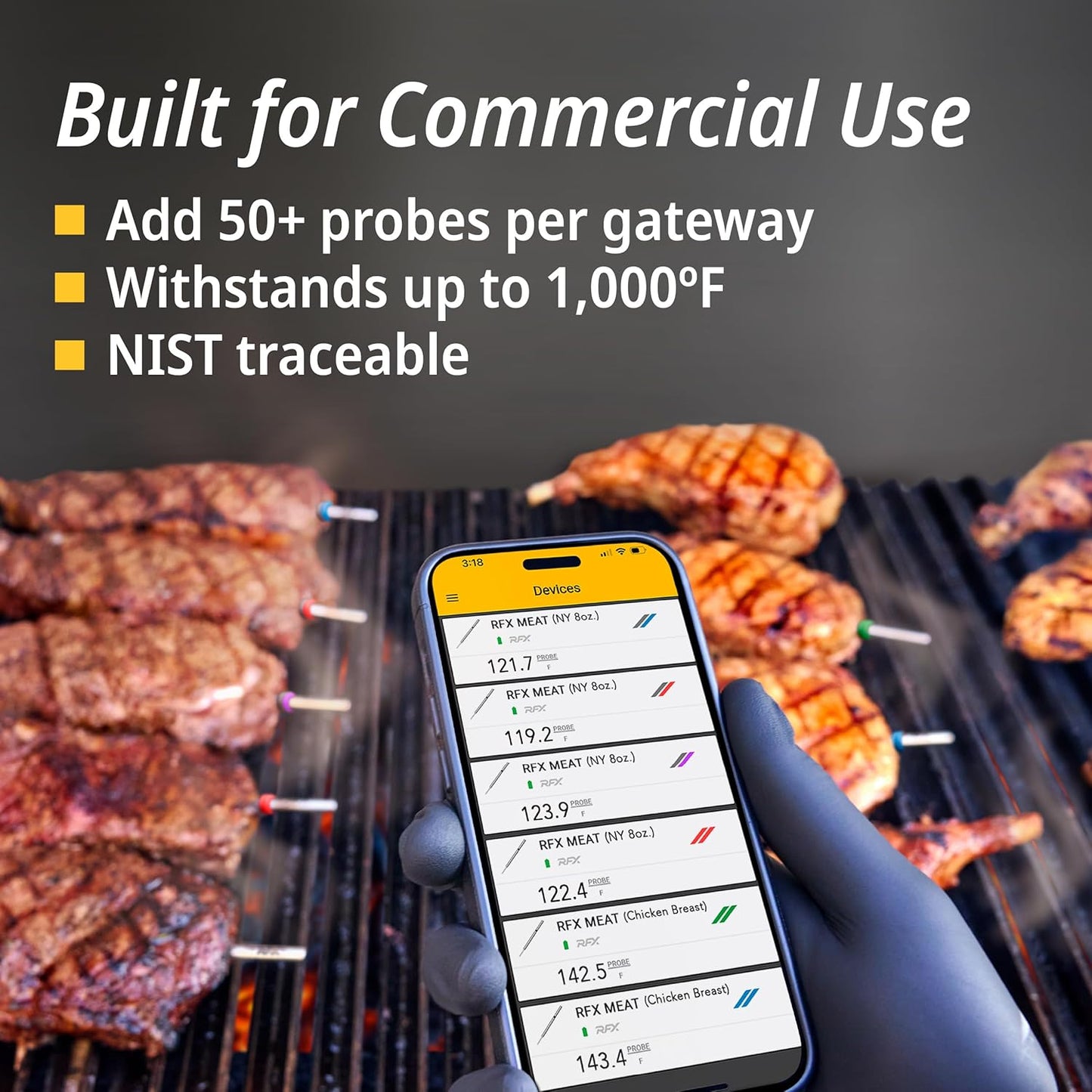 ThermoWorks RFX | Smart Wireless Meat Thermometer | Wi-Fi & Radio Frequency | Stronger Signal Than Bluetooth | Meat Probe for Use in Smoker, Grill, BBQ, Oven - 4-Probe Kit