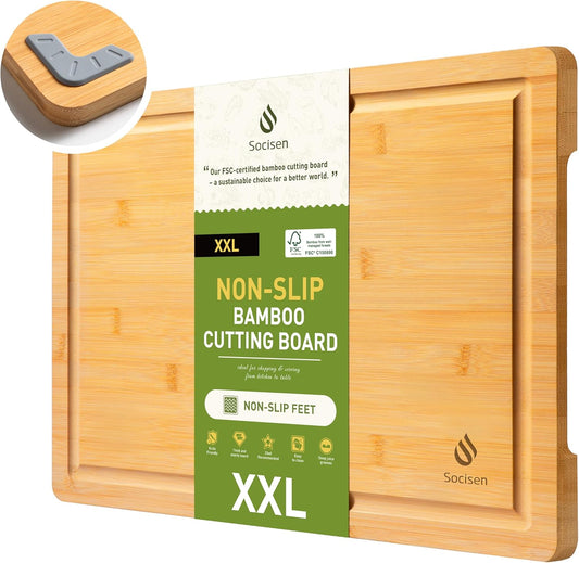Extra Large Charcuterie Bamboo Board Non Slip Feet Over Sink Wooden Cutting Chopping Board Butcher Block Nice Solid Thick Juice Groove Big Xl XXl xlarge Hardwood Kitchen Counter Organic Meat BBQ Kit