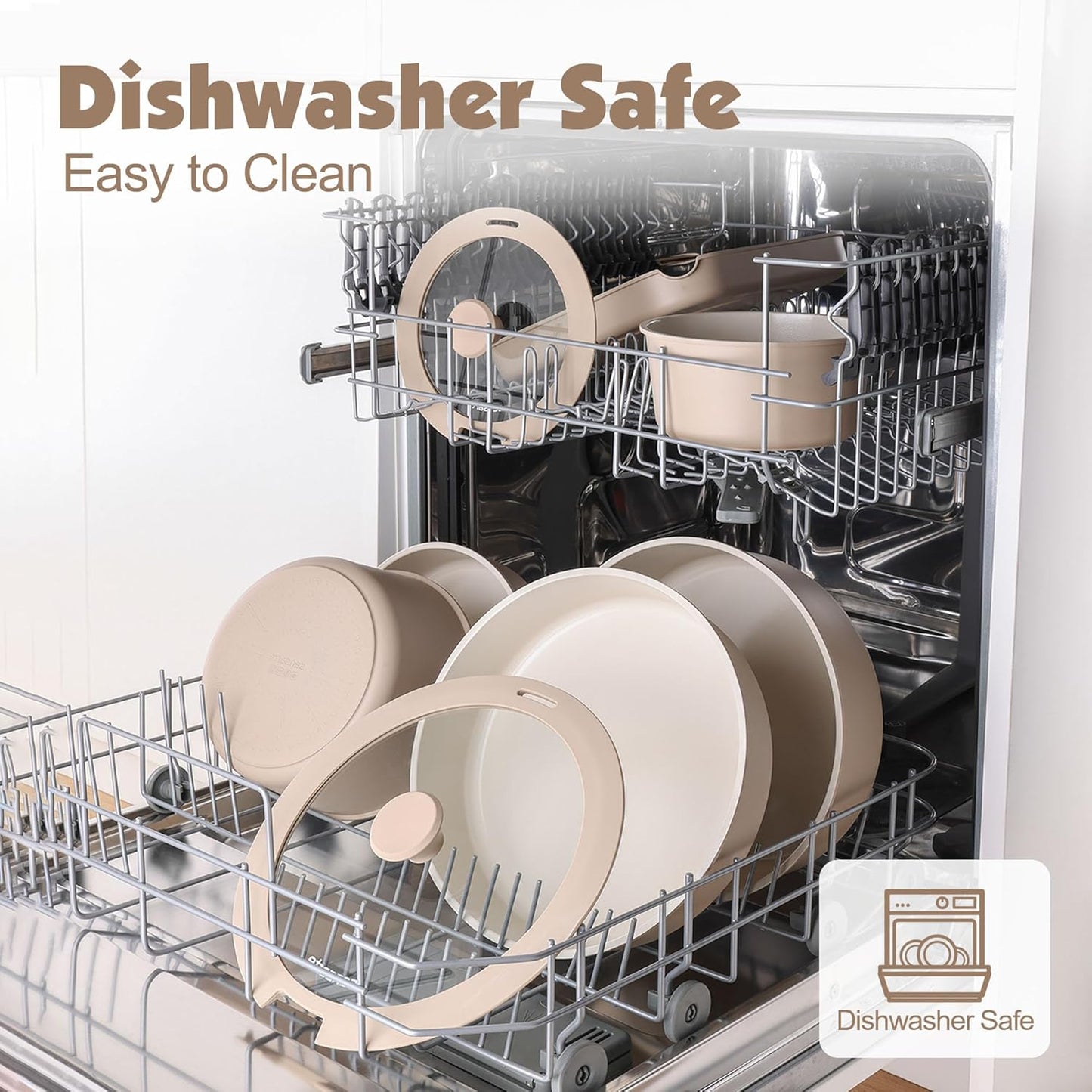 SENSARTE 17 Piece Ceramic Pots and Pans Set, Nonstick Detachable Handle Cookware, Induction Kitchen Cookware Set with Removable Handle, Dishwasher ＆ Oven Safe (Almond Beige)