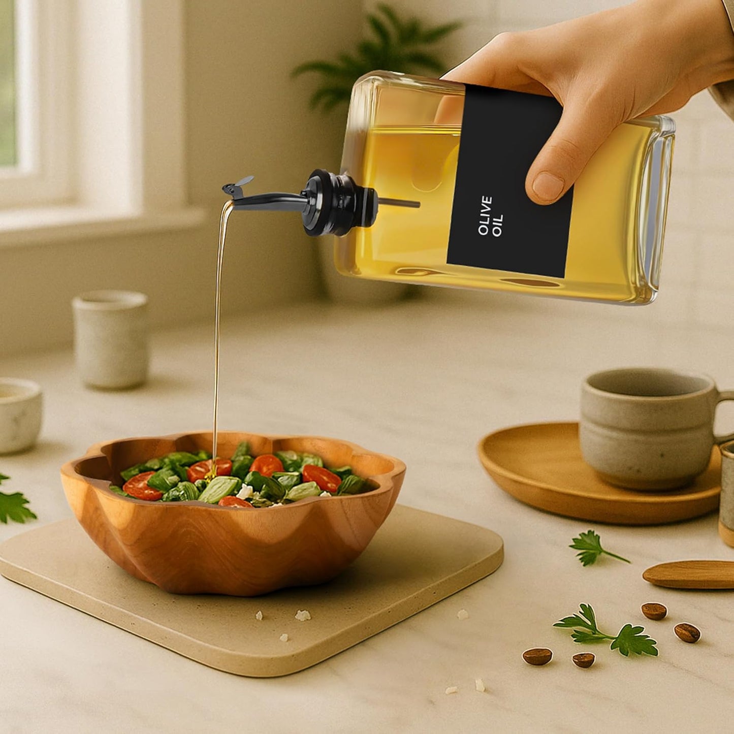 Olive Oil Dispenser Bottle - Includes 44 Kitchen Essential Labels - Cooking Oil Bottles for Kitchen, Coffee Syrup Dispenser - Pourer Spout with 11.8 fl oz Glass Container Cruet - 2pcs, Black