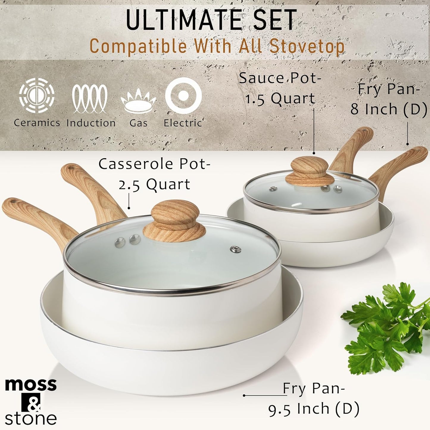 Moss & Stone 6 Pcs White Nonstick Cookware Set, Pots And Pans Set Non stick With Glass Lid, Induction Cookware, Stay-Cool Handle PTFE/PFOA Kitchen Pots 6-Piece with Frying Pans & Saucepan