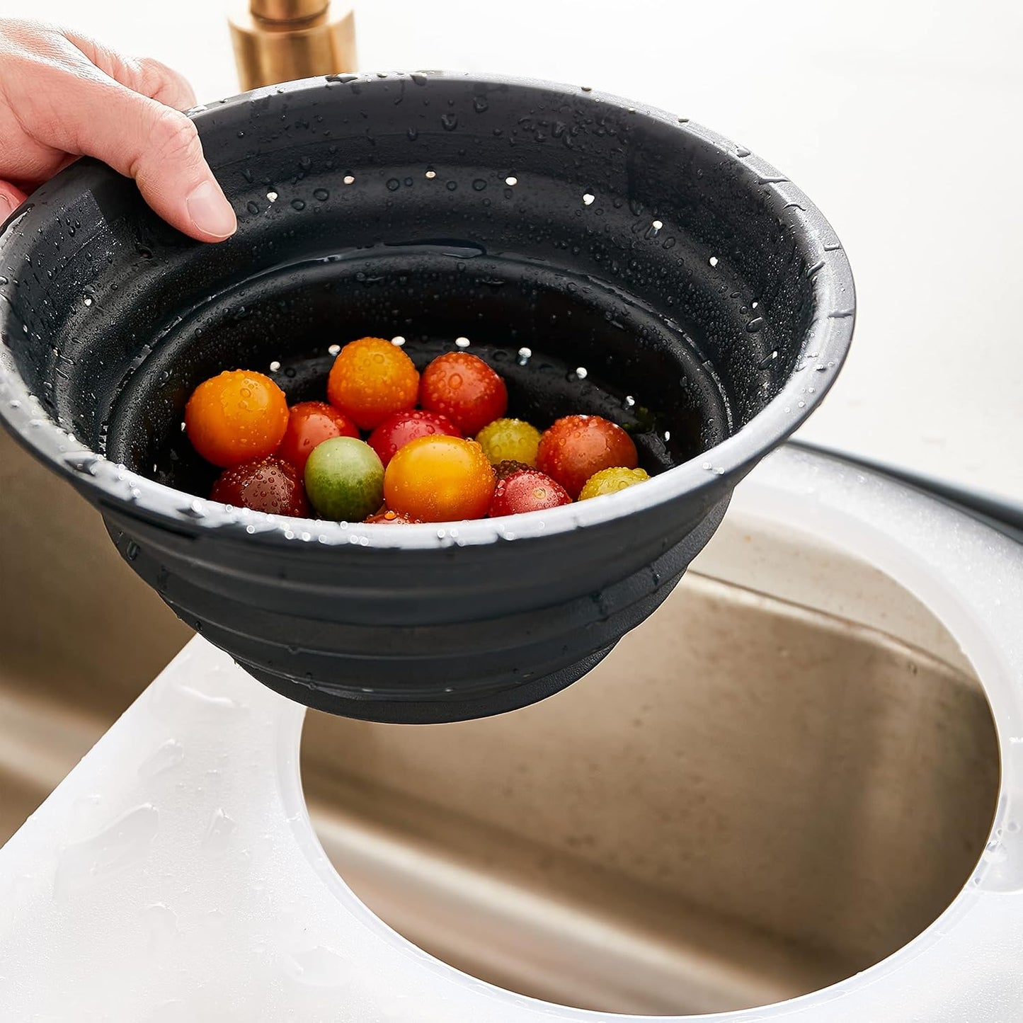 Dexas Over the Sink Poly Cutting Board with Collapsible Colander Strainer, 11.5 x 20", Natural/Gray