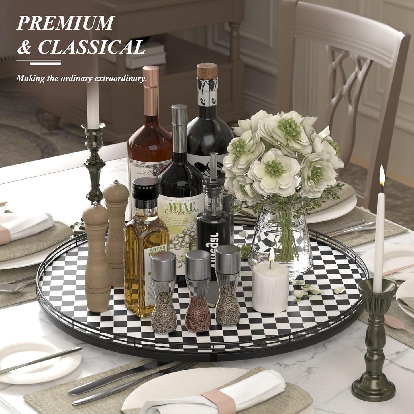 24" Black and White Kitchen Lazy Susan Turntable, Round Checkered Decorative Tray, Large Lazy Susan for Dining Table Centerpiece, Pantry, Kitchen, Bathroom, Countertop, Cupboard, Home Decor