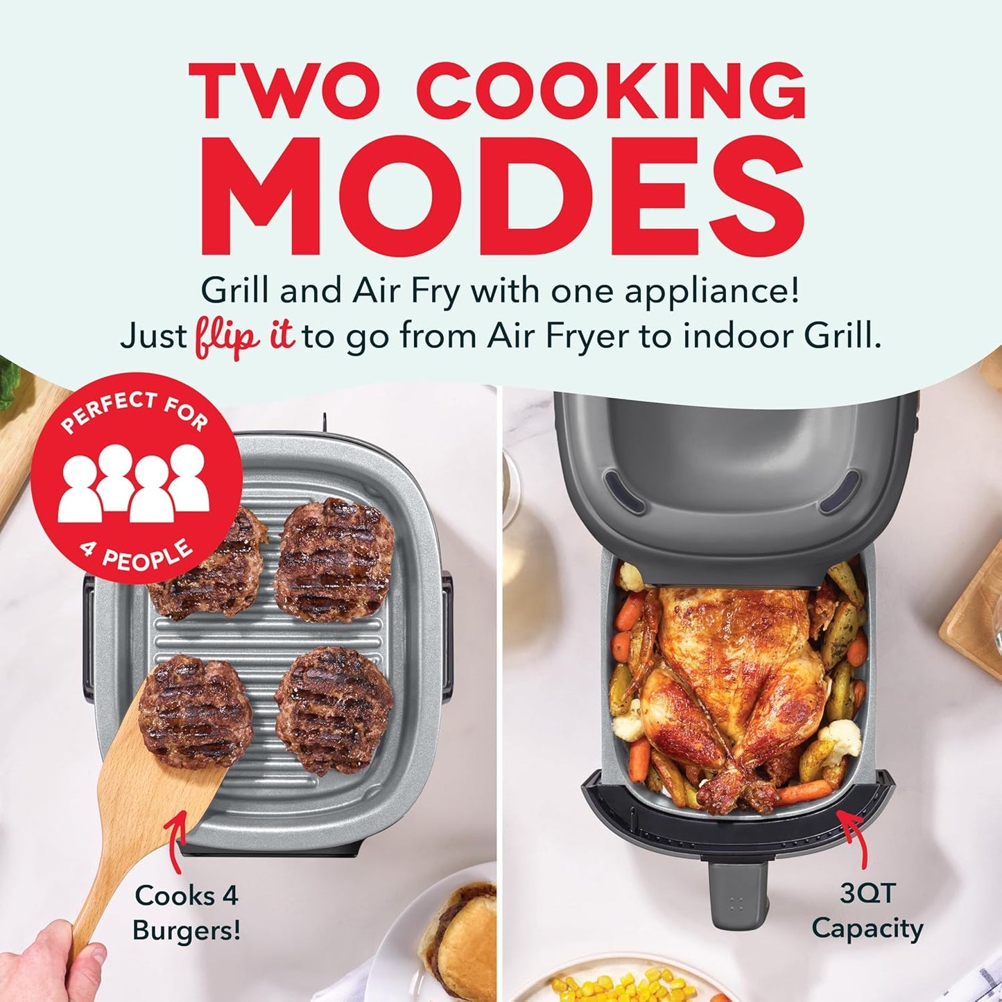 Dash Flip & Fry™ Digital 2-in-1 Grill + Air Fryer with 5 functions, 3 Qt Capacity, Air fryer & Indoor Grill for fries, wings, burgers and more - Forged Iron