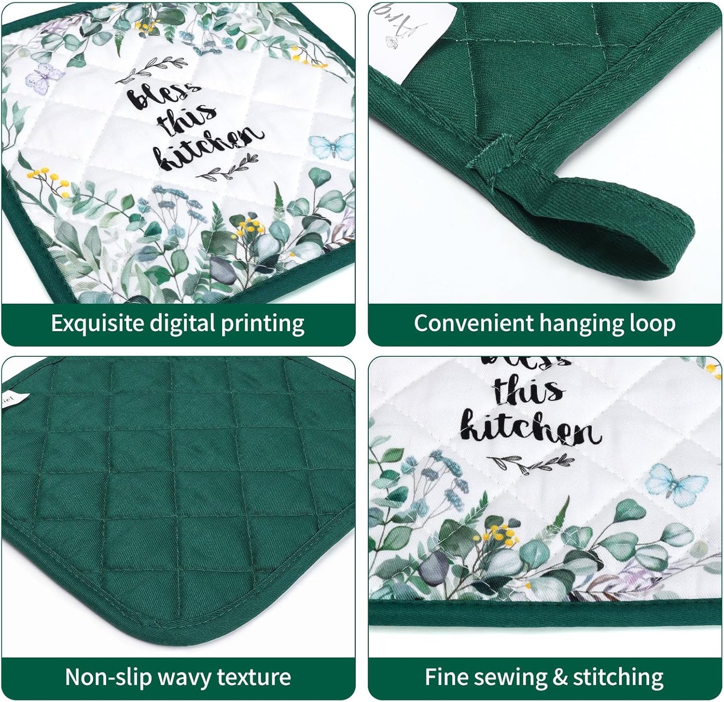 Eucalyptus Leaf Oven Mitts and Pot Holders Sets 4Pcs, 100% Cotton Heat Resistant, Extra Long Oven Gloves Potholder for Kitchen Cooking Baking Decoration