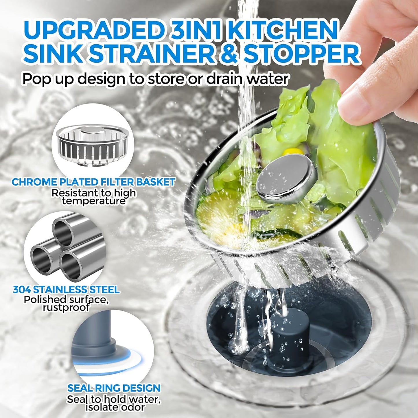 zaa Kitchen Sink Drain Strainer - Kitchen Sink Stopper, 304 Stainless Steel Sink Drain Stopper, Sink Protector for Kitchen with Anti-Clog Filter, Fit US Standard 3-1/2'' Sink Drain Hole, Silver