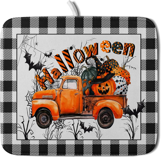 Holiday Truck Dish Drying Mat - Orange Holiday Absorbent Microfiber Dish Drying Pad for Kitchen Counter