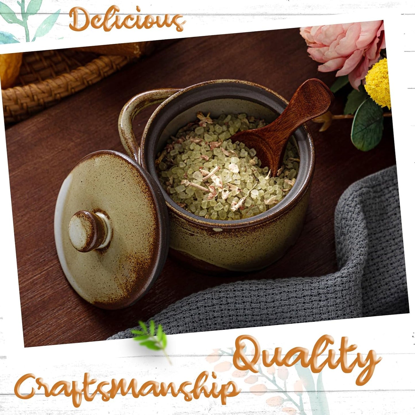 Honeydak Speckled Ceramic Salt Cellar with Lid and Wooden Spoon, Rustic Farmhouse Salt Pepper Cellar Holder for Housewarming Gift, Heavyweight Spices Jar for Kosher, Sea, Sugar(Retro Color)