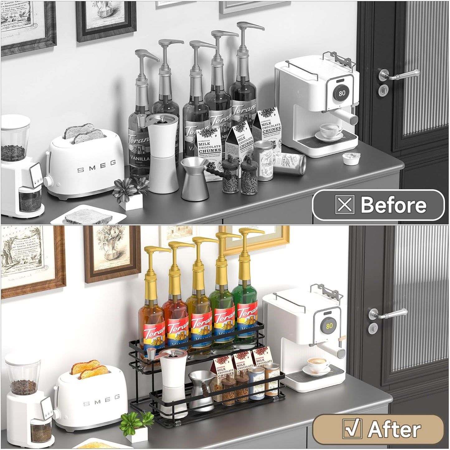 Coffee Syrup Rack Organizer, Syrup Bottle Holder Stand for Coffee Bar, 2-Tier 10 Bottles Storage Shelves for Syrup, Wine, Dressing for Kitchen Countertop (10 Bottles Black)